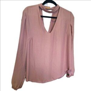 Gorgeous Dynamite Brown Taupe Deep V Neck Cut Out Sheer Lined Long Sleeve Blouse